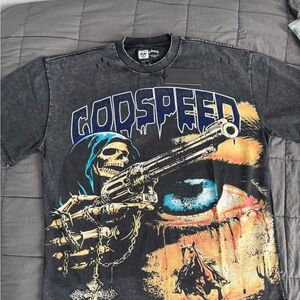 Godspeed Graphic Skull Tee in Black with Blue Accent